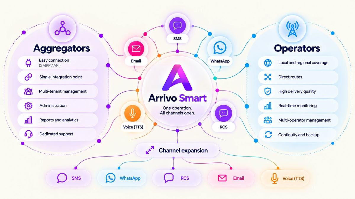 Aggregators and operators around Arrivo Smart: single integration point, multi-account management, reports, local and regional coverage, direct routes, continuity and backup.